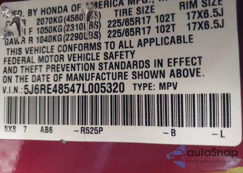 2007 Honda Cr-V Ex из США, поврежденный, VIN 5J6RE48547L005320